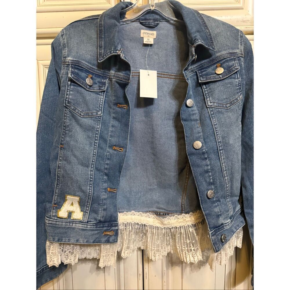 Crewcuts Girls Button Front Lace Trim Denim Jacket Medium Wash Blue Size 12 NWT